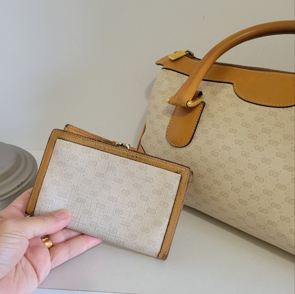 GUCCI Coated Canvas/Leather Matching BAG & Wallet SET🔥IVORY/Camel🤩VGUC/Vintage - Picture 16 of 16
